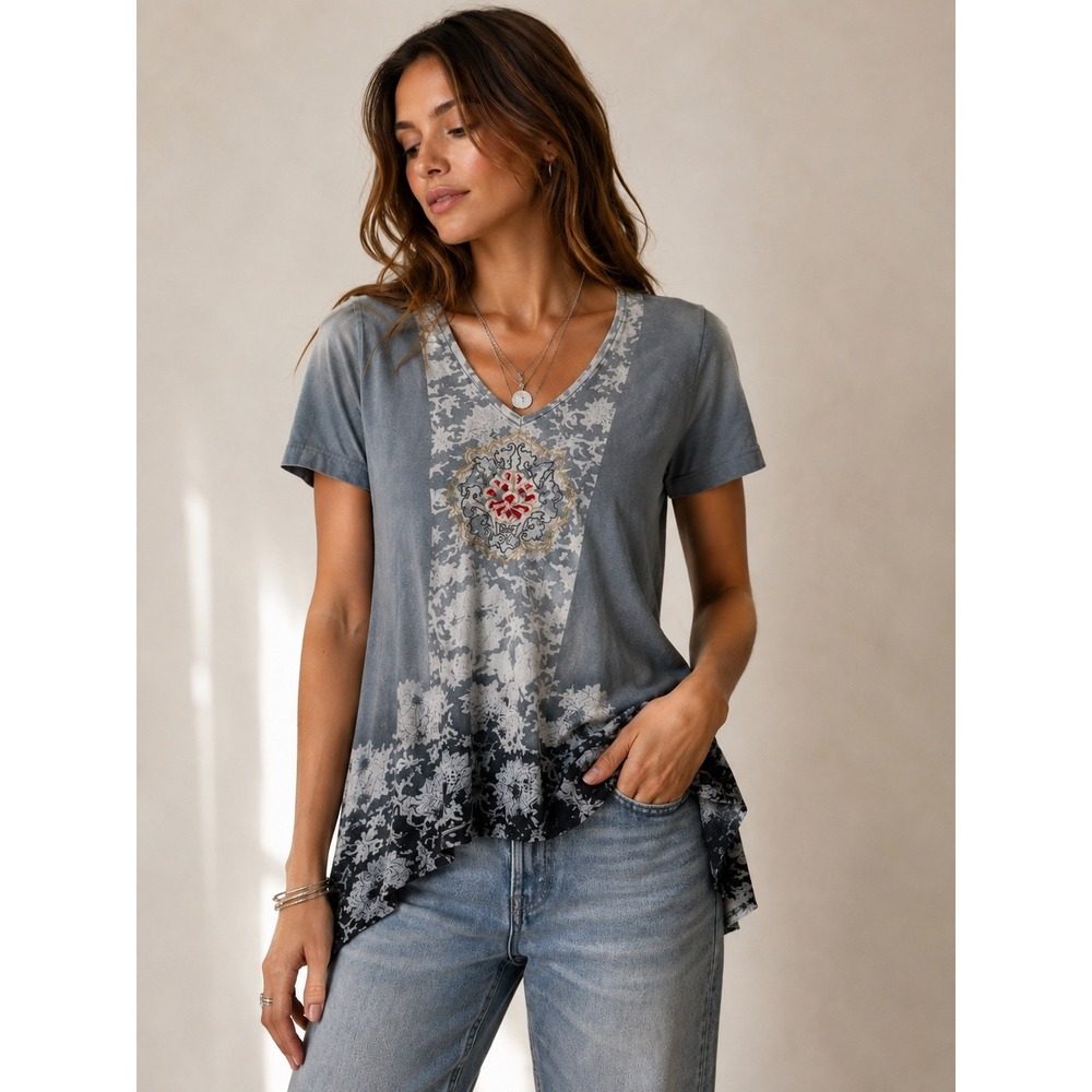La Blend Womens Grey Blue Ombre Floral Embroidered Handkerchief Hem Tunic Top L
